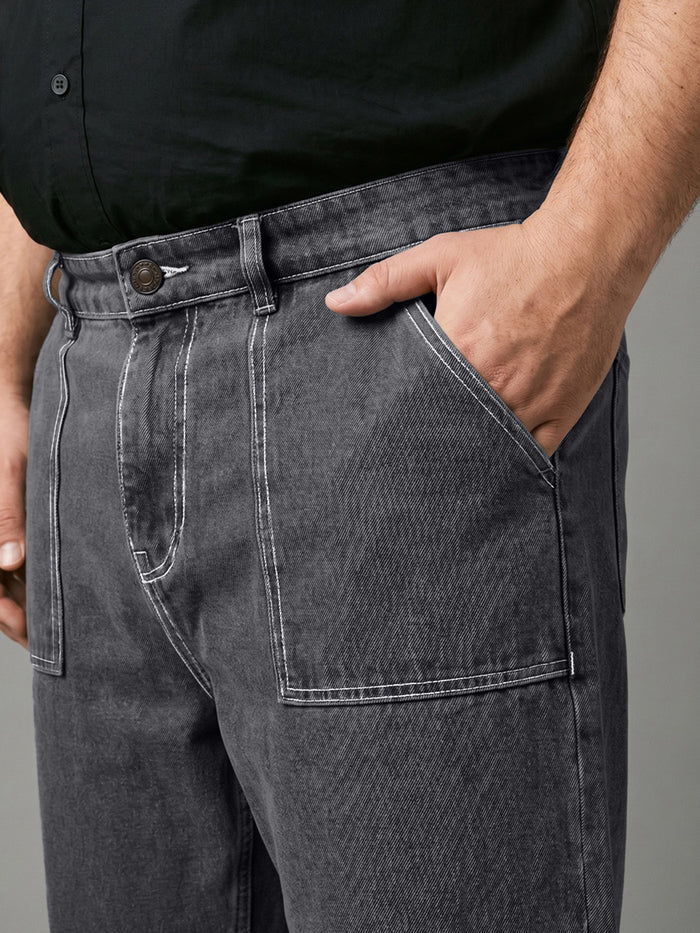 Plus Men's Dark Grey Loose Baggy Fit Washed Denim Jeans Non-Stretchable