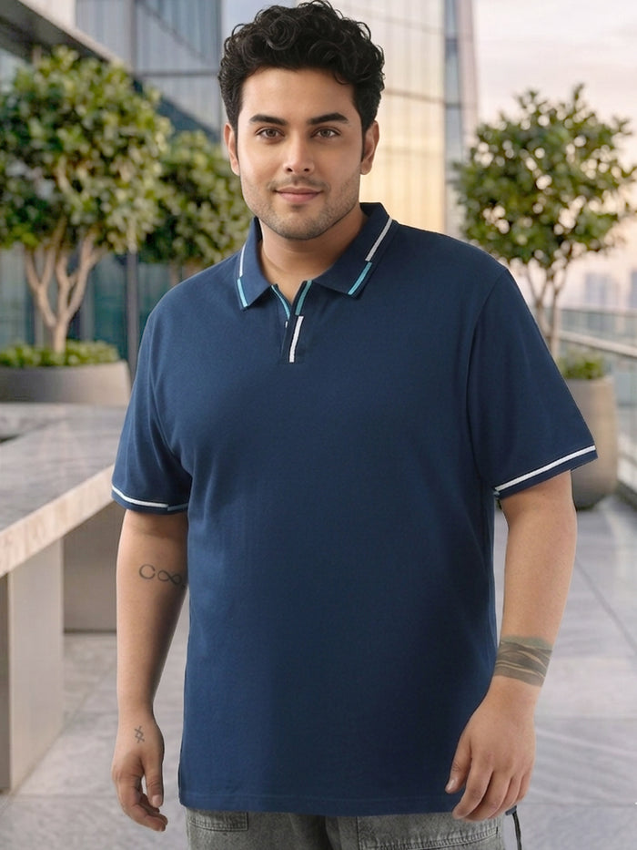 Plus Men's Estate Blue Solid Regular Fit Half Sleeve Cotton Polo T-Shirt
