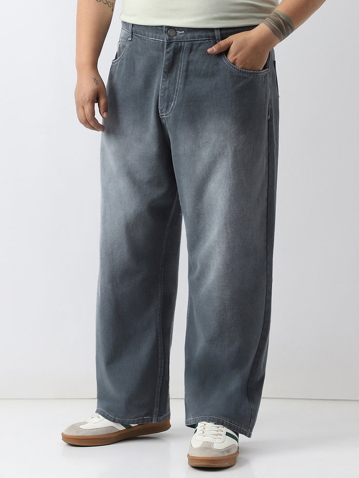 Plus Men's Grey Loose Baggy Fit Washed Jeans Non-Stretchable