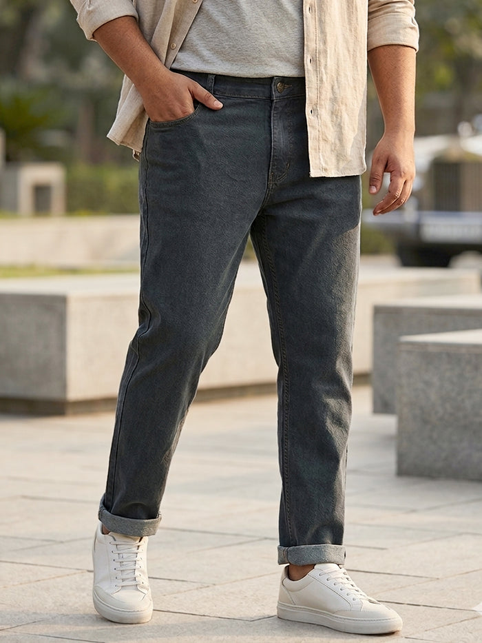 Plus Men's Grey Regular Fit Washed Jeans Stretchable