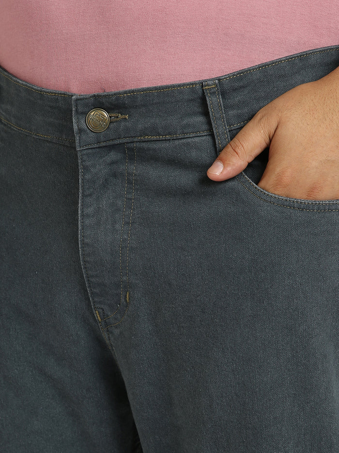 Plus Men's Grey Regular Fit Washed Jeans Stretchable