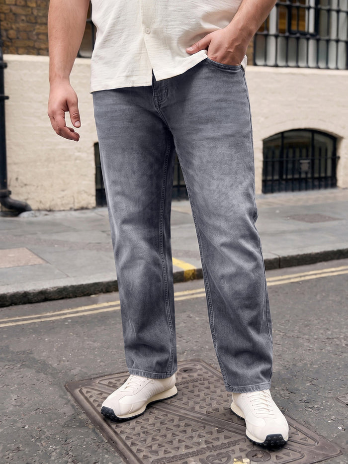 Plus Men's Grey Relaxed Fit Washed Denim Jeans Non-Stretchable
