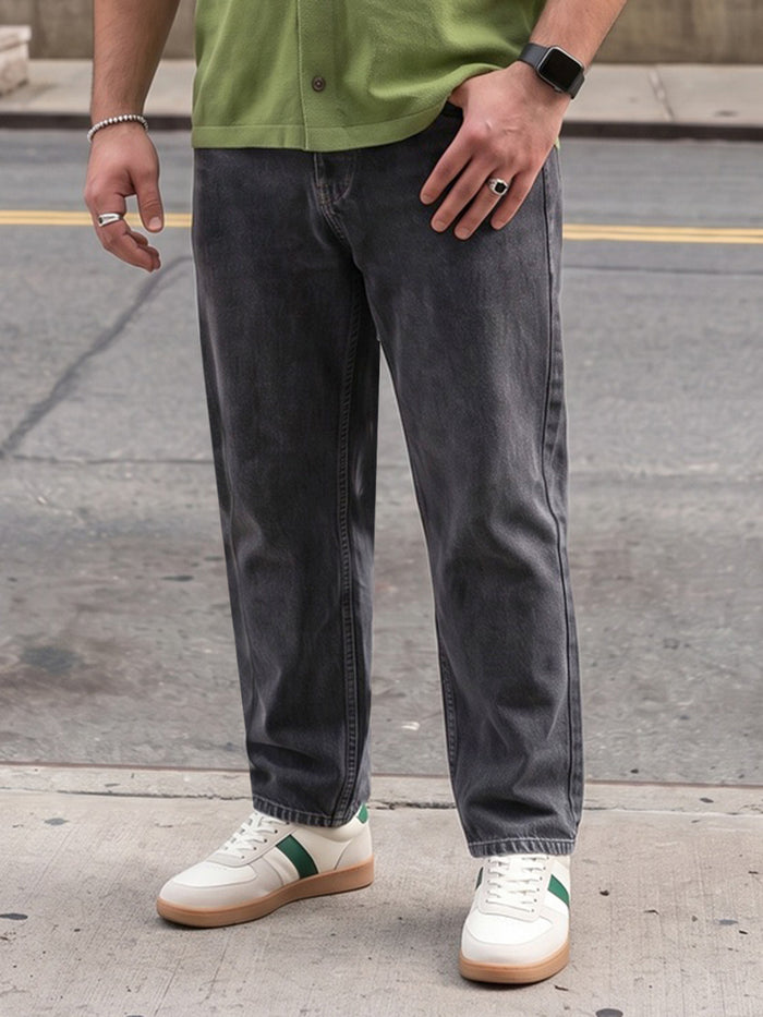 Plus Men's Grey Relaxed Fit Washed Denim Jeans Non-Stretchable
