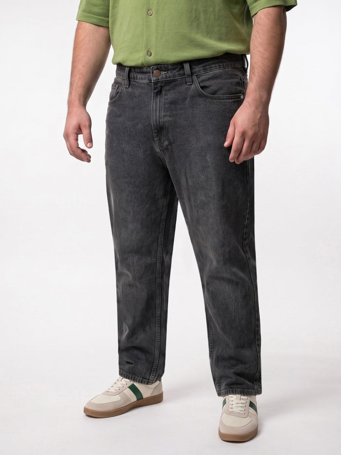 Plus Men's Grey Relaxed Fit Washed Denim Jeans Non-Stretchable