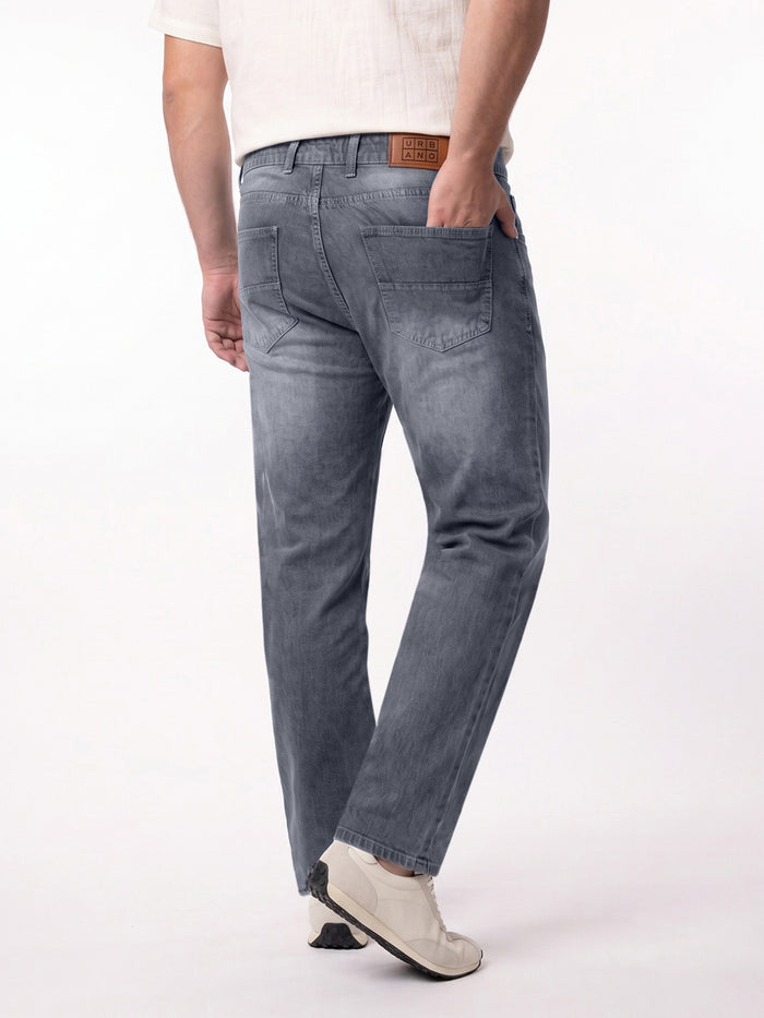 Plus Men's Grey Relaxed Fit Washed Denim Jeans Non-Stretchable