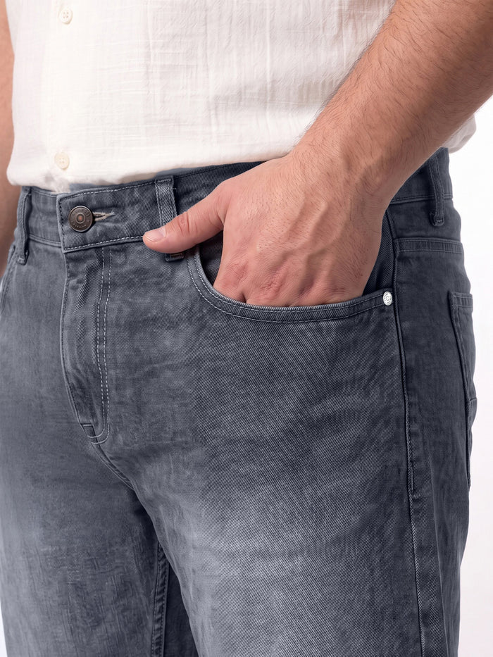 Plus Men's Grey Relaxed Fit Washed Denim Jeans Non-Stretchable