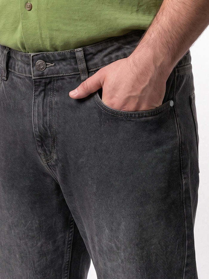 Plus Men's Grey Relaxed Fit Washed Denim Jeans Non-Stretchable