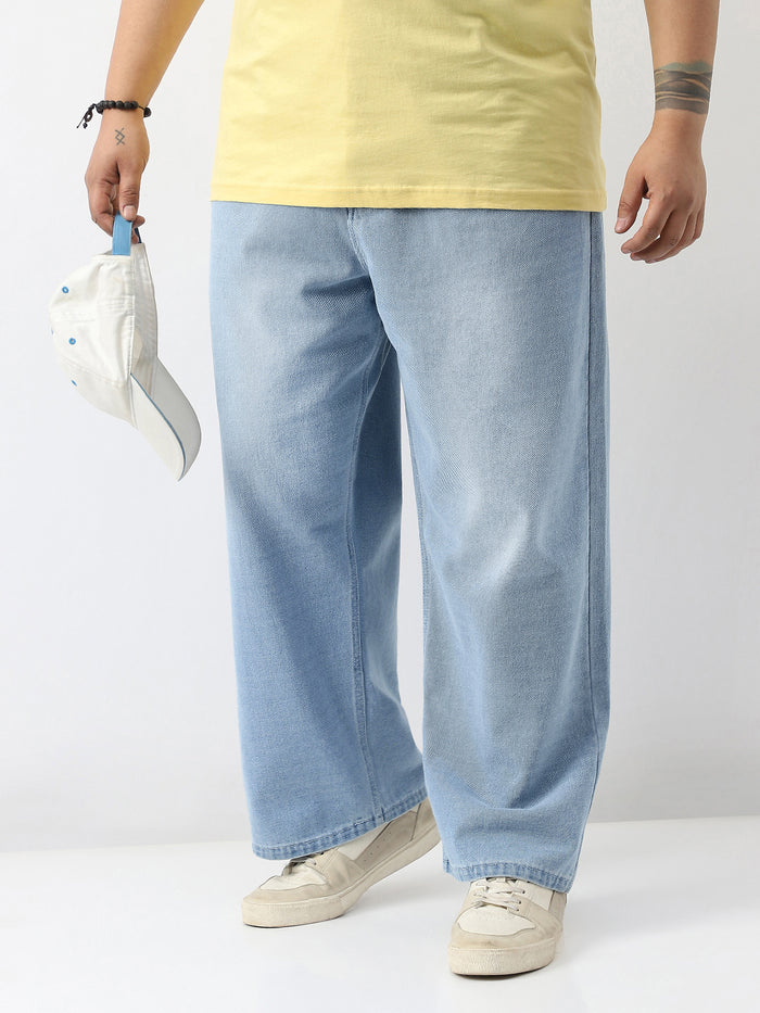 Plus Men's Ice Blue Loose Baggy Fit Washed Jeans Non-Stretchable