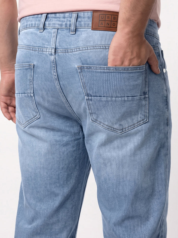 Plus Men's Ice Blue Relaxed Fit Washed Denim Jeans Non-Stretchable
