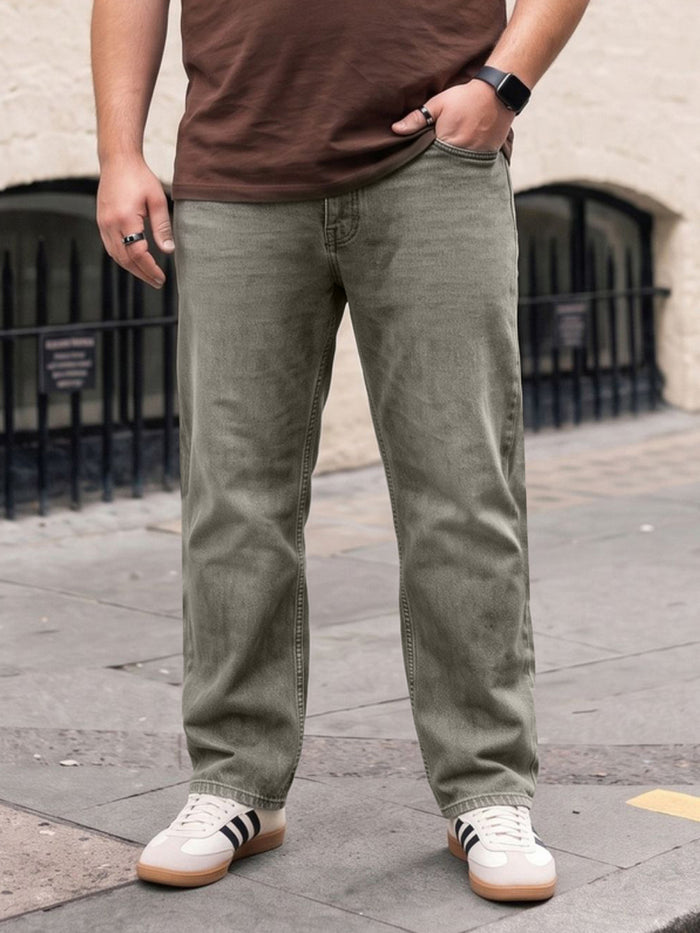 Plus Men's Ice Grey Relaxed Fit Washed Denim Jeans Non-Stretchable