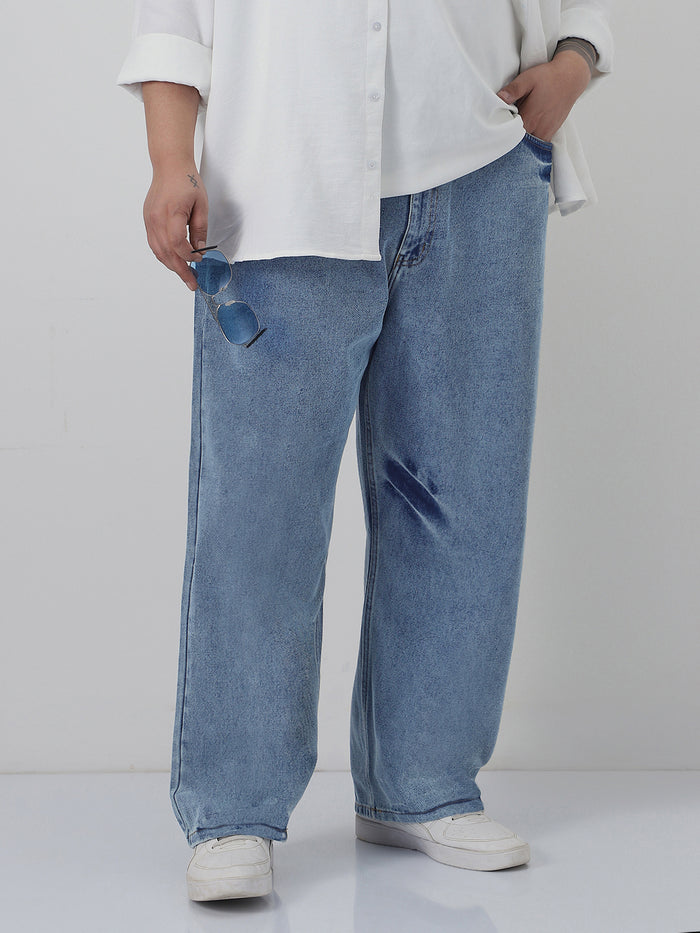 Plus Men's Light Blue  Loose Baggy Fit Washed Jeans Non-Stretchable