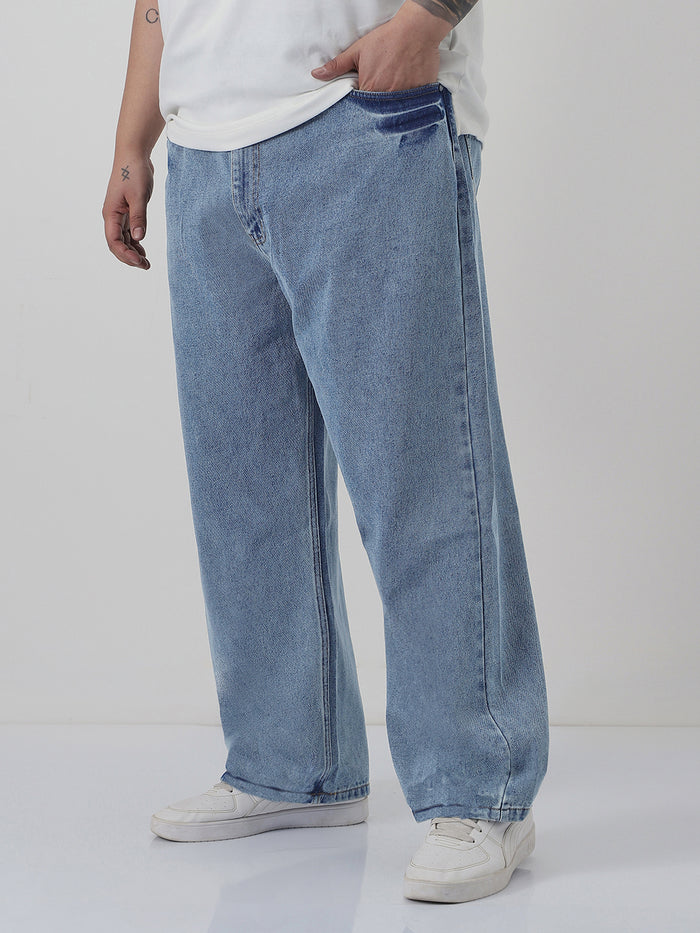 Plus Men's Light Blue  Loose Baggy Fit Washed Jeans Non-Stretchable