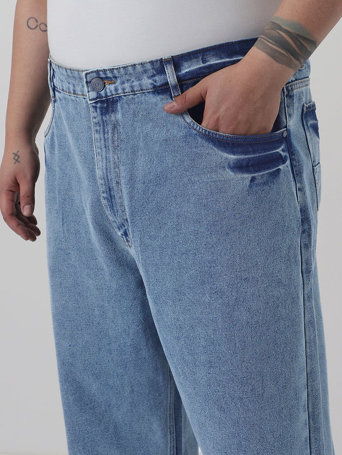 Plus Men's Light Blue  Loose Baggy Fit Washed Jeans Non-Stretchable