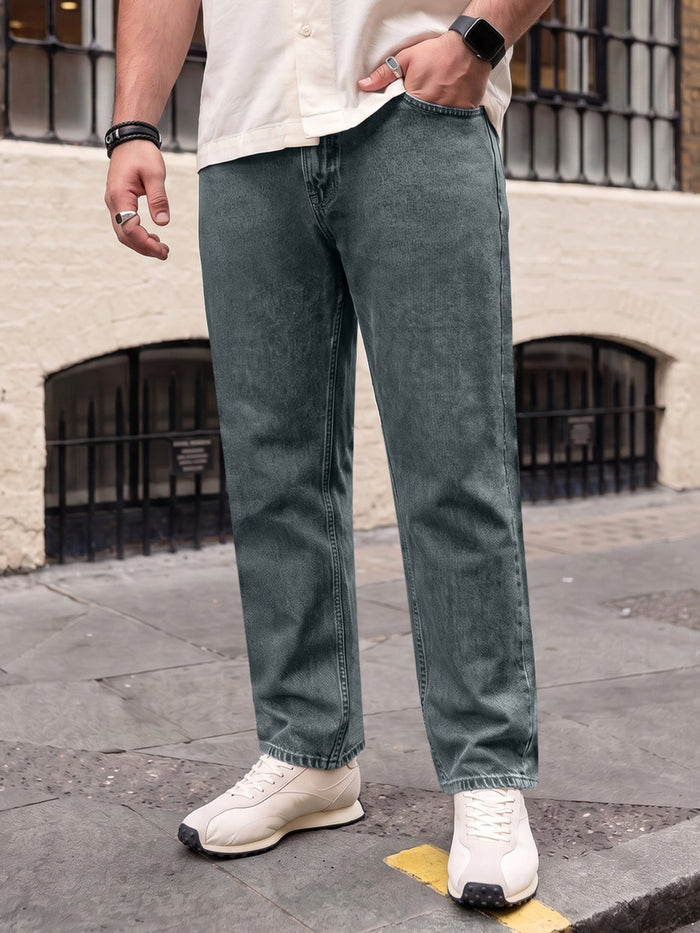 Plus Men's Light Blue Relaxed Fit Washed Denim Jeans Non-Stretchable