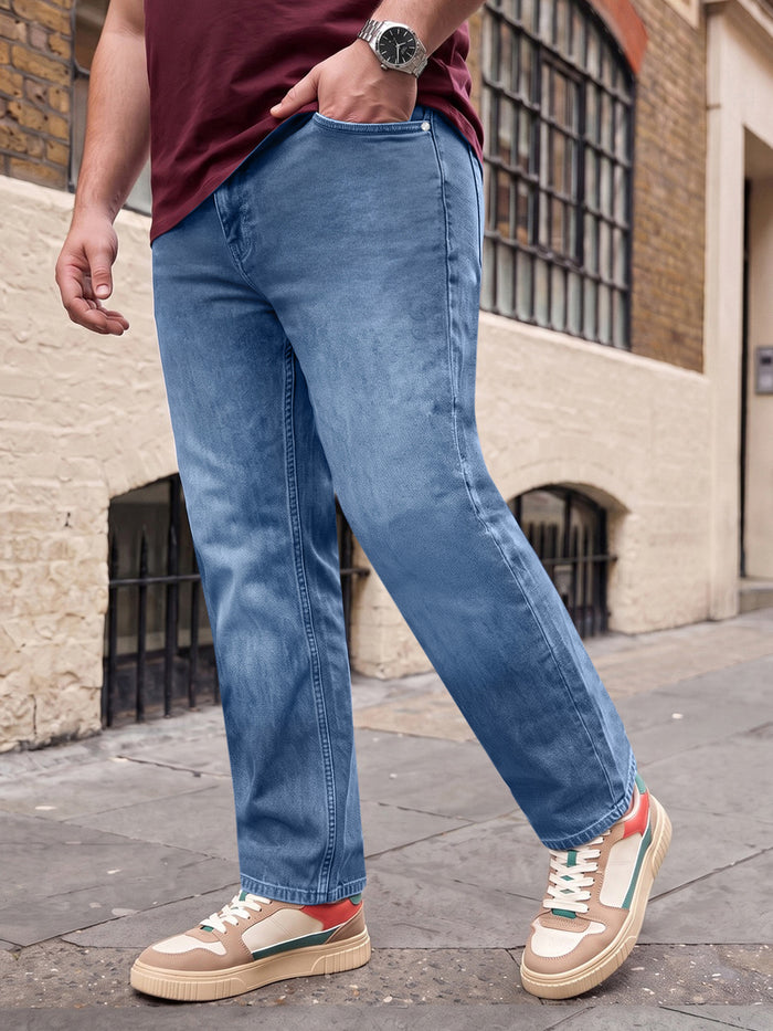 Plus Men's Light Blue Relaxed Fit Washed Denim Jeans Non-Stretchable