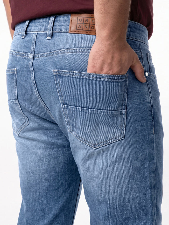 Plus Men's Light Blue Relaxed Fit Washed Denim Jeans Non-Stretchable