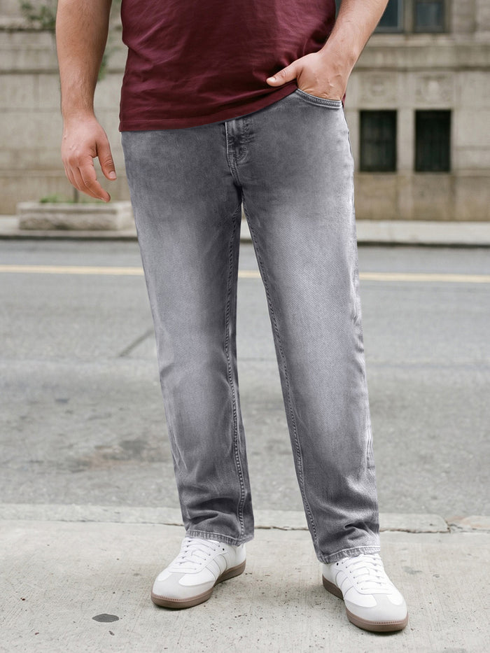 Plus Men's Light Grey Relaxed Fit Washed Denim Jeans Non-Stretchable