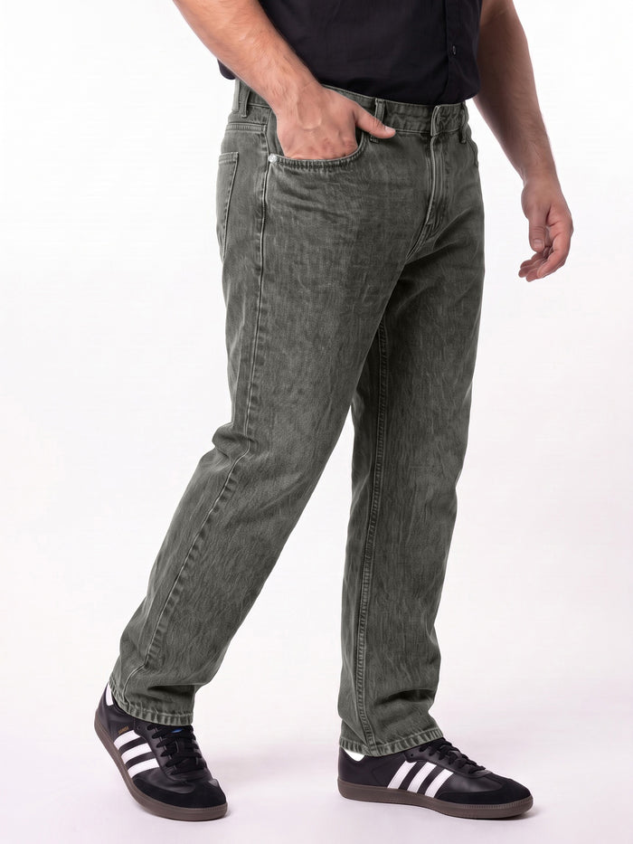 Plus Men's Light Grey Relaxed Fit Washed Denim Jeans Non-Stretchable