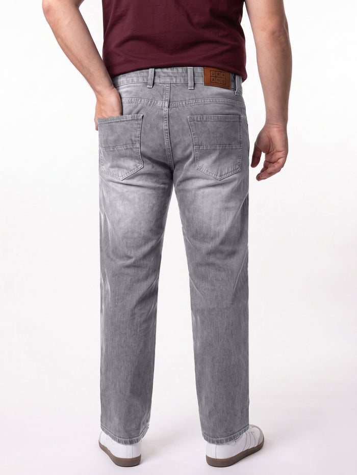 Plus Men's Light Grey Relaxed Fit Washed Denim Jeans Non-Stretchable