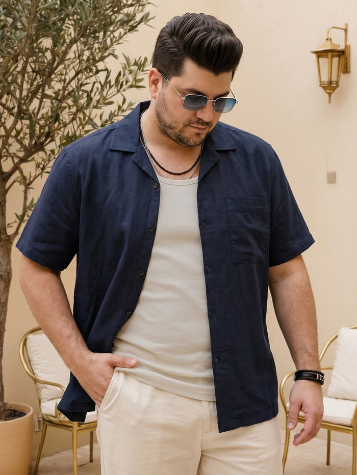 Plus Men's Navy Linen Half Sleeve Oversized Fit Shirt with Cuban Collar