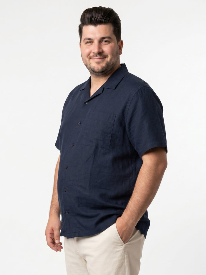 Plus Men's Navy Linen Half Sleeve Oversized Fit Shirt with Cuban Collar