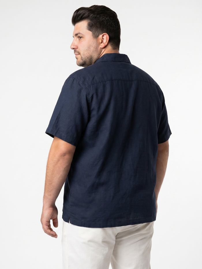 Plus Men's Navy Linen Half Sleeve Oversized Fit Shirt with Cuban Collar