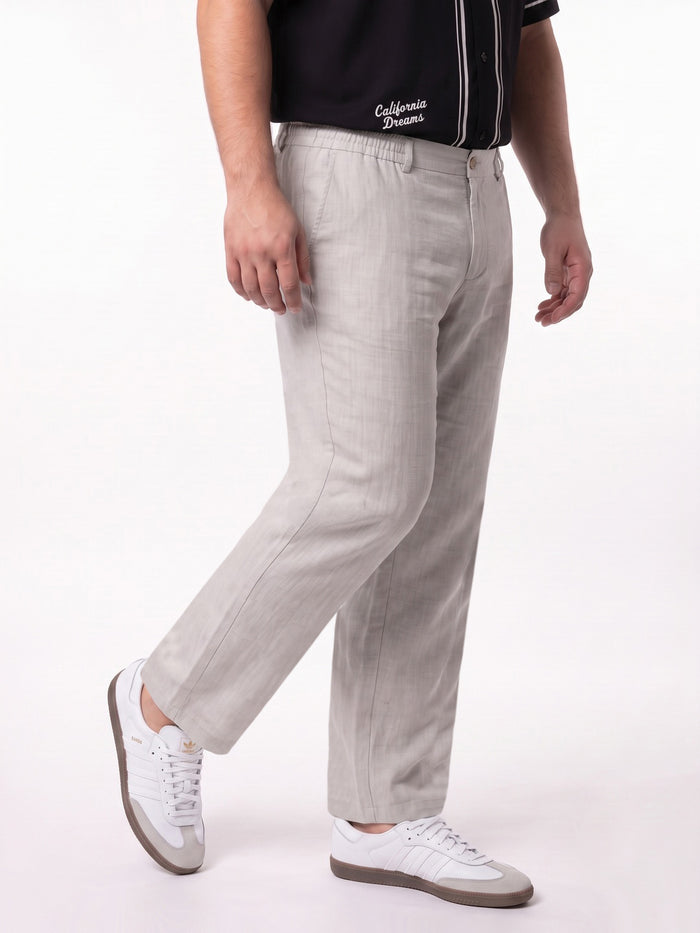 Plus Men's Off White Relaxed Fit Solid Linen Blend Trousers Non-Stretchable