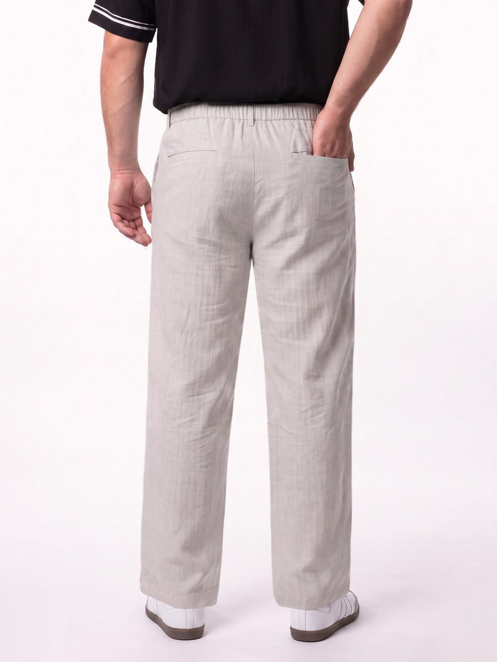 Plus Men's Off White Relaxed Fit Solid Linen Blend Trousers Non-Stretchable