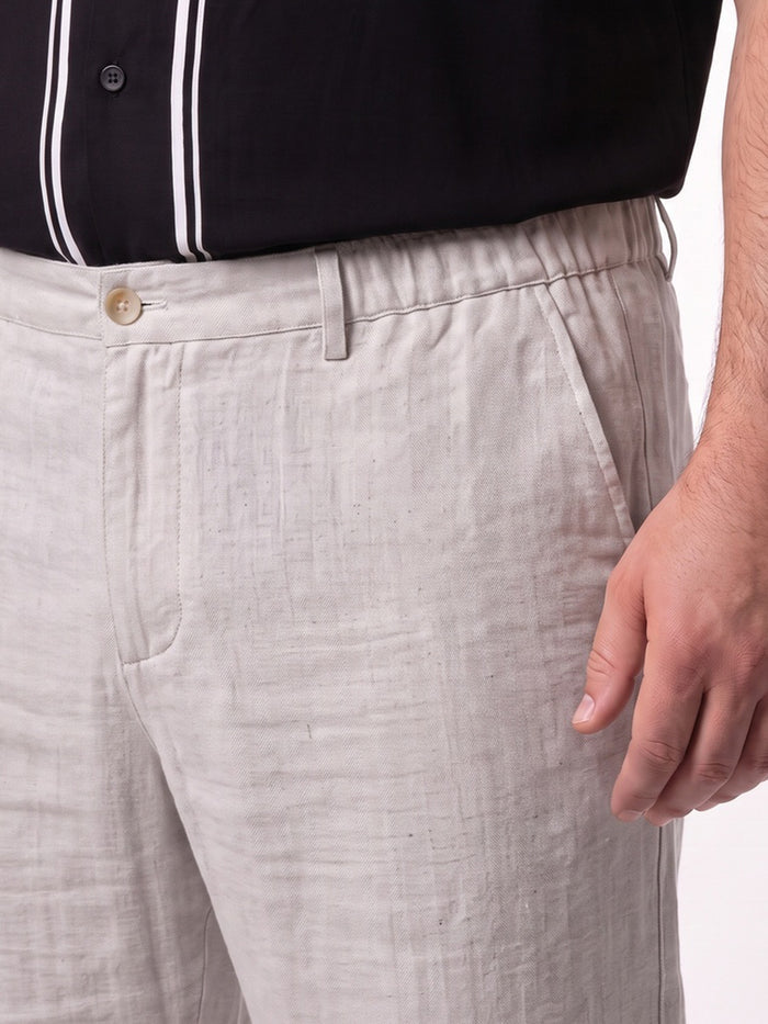 Plus Men's Off White Relaxed Fit Solid Linen Blend Trousers Non-Stretchable