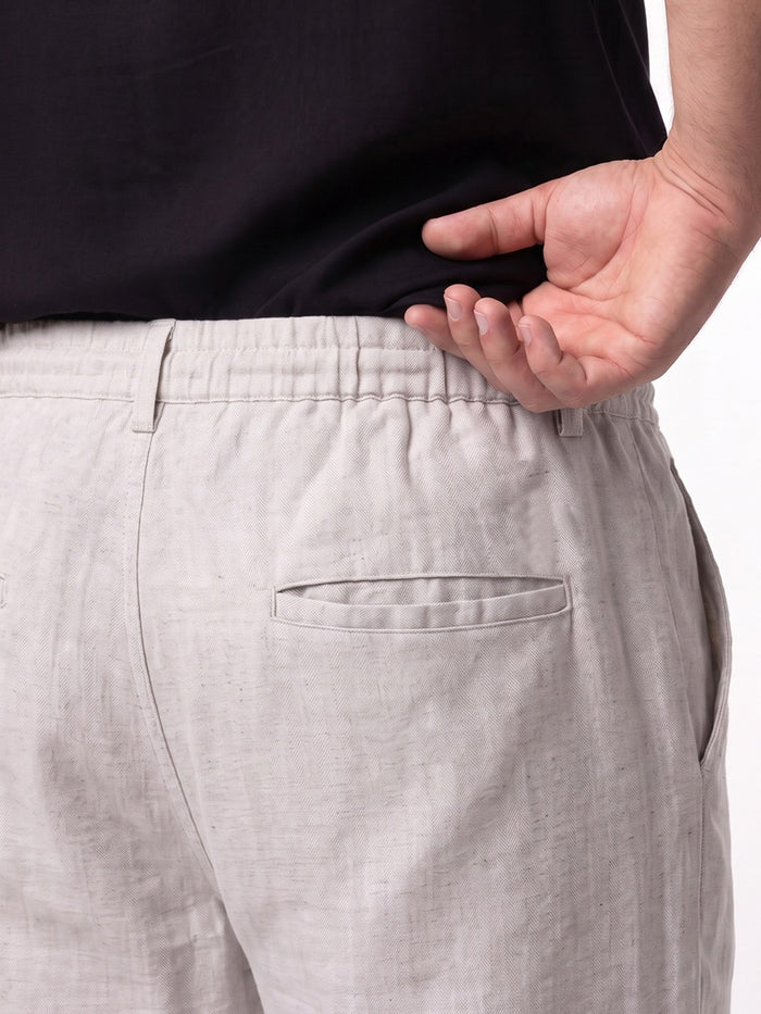 Plus Men's Off White Relaxed Fit Solid Linen Blend Trousers Non-Stretchable