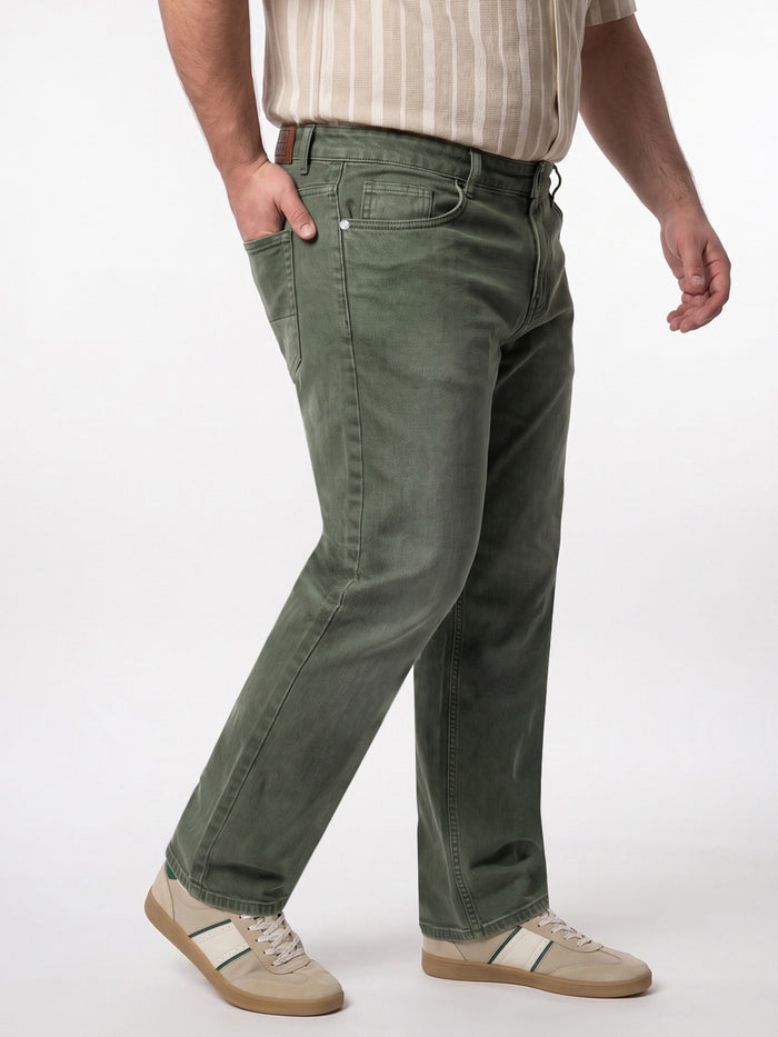 Plus Men's Olive Relaxed Fit Washed Denim Jeans Non-Stretchable