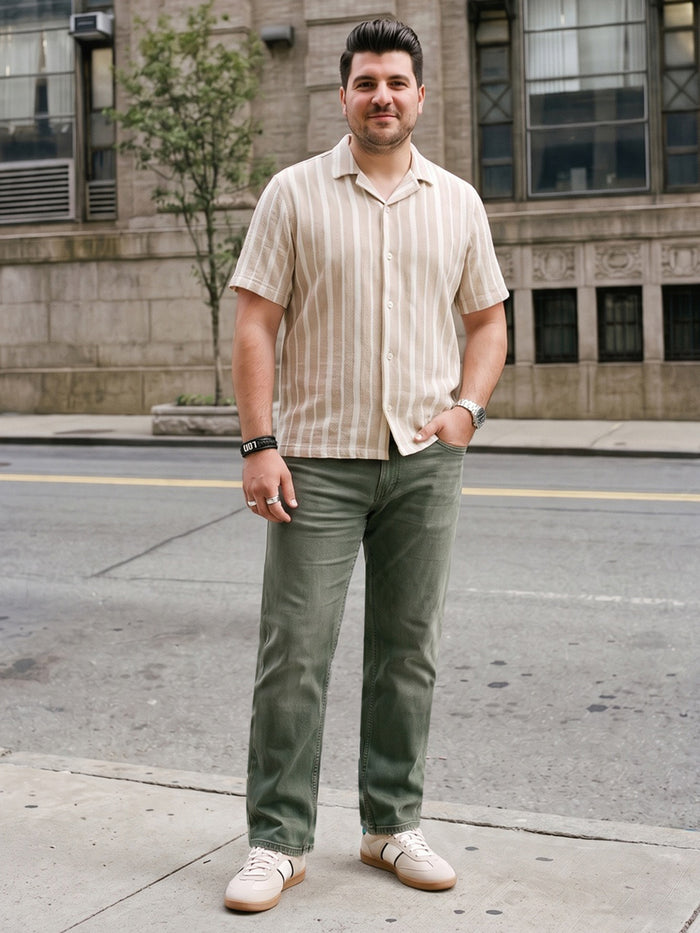 Plus Men's Olive Relaxed Fit Washed Denim Jeans Non-Stretchable