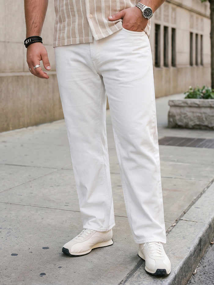 Plus Men's White Relaxed Fit Washed Denim Jeans Non-Stretchable