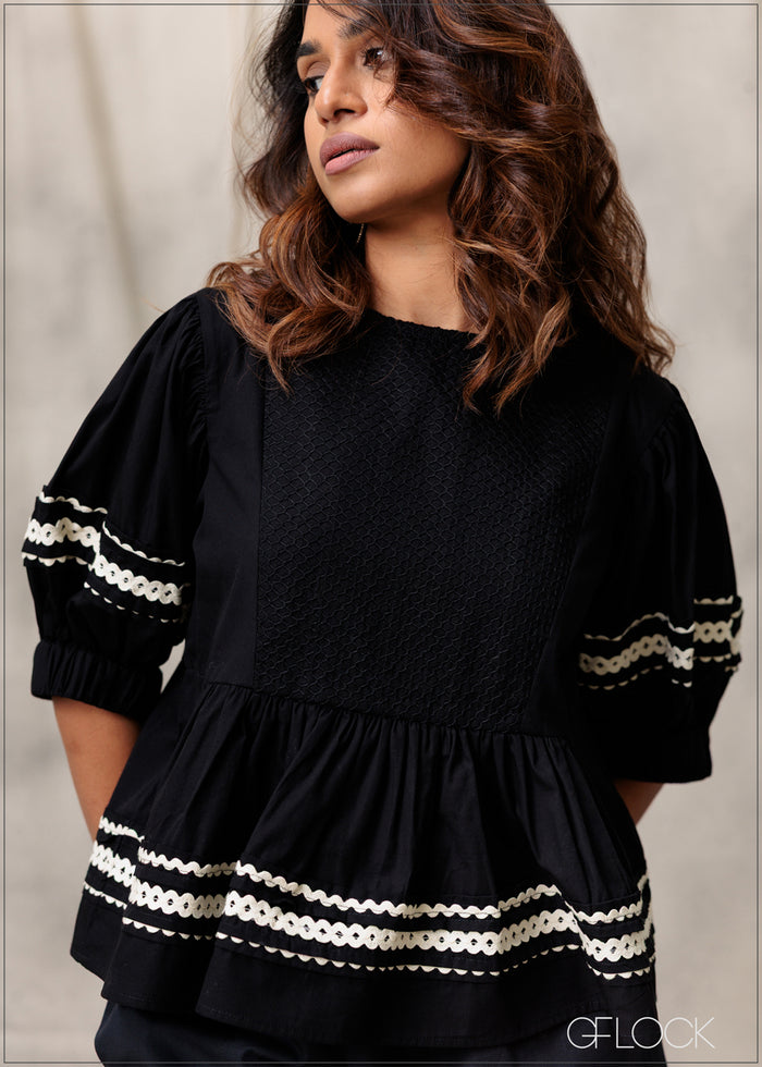 Puff Sleeve Contrast Trim Blouse - 260226