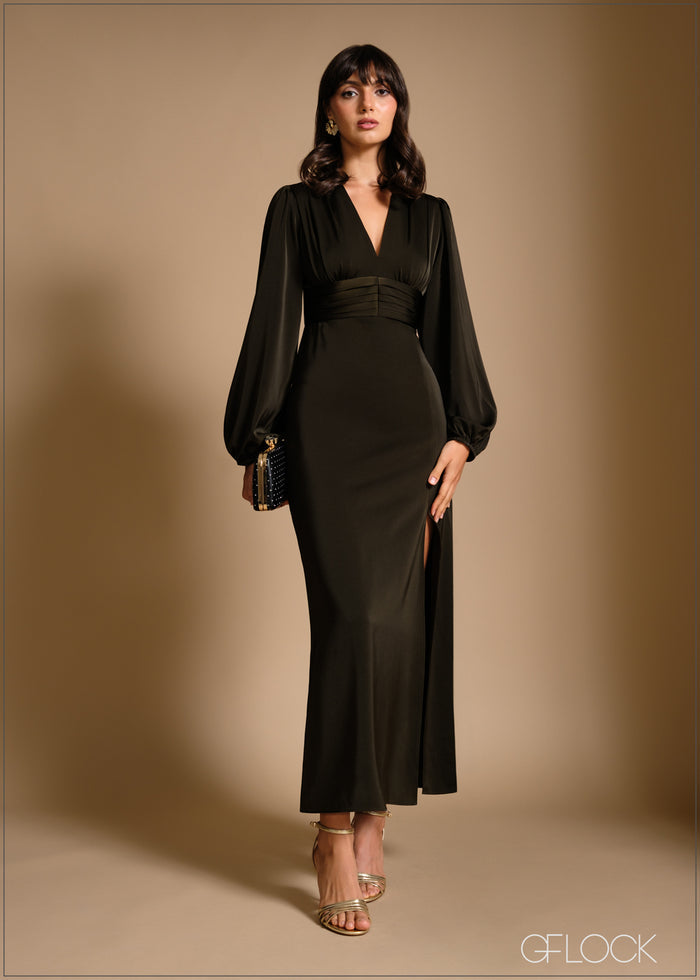 Waist pleat detail puff sleeve maxi dress