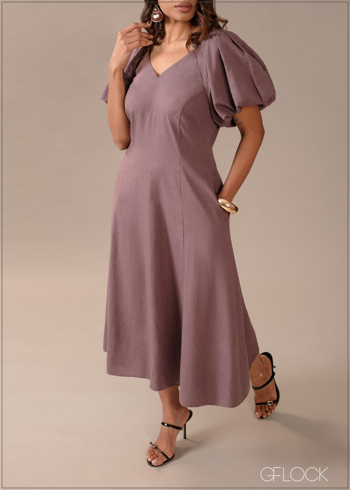 Puff Sleeve Midi Dress - 290726