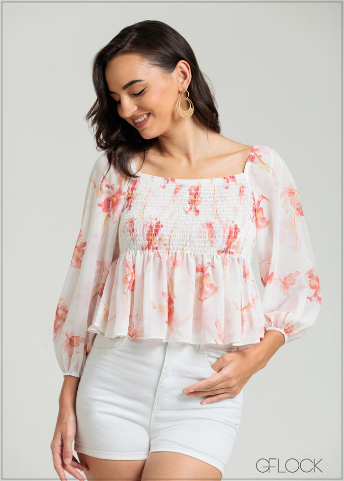 Puff Sleeve Smocked Top - 080825