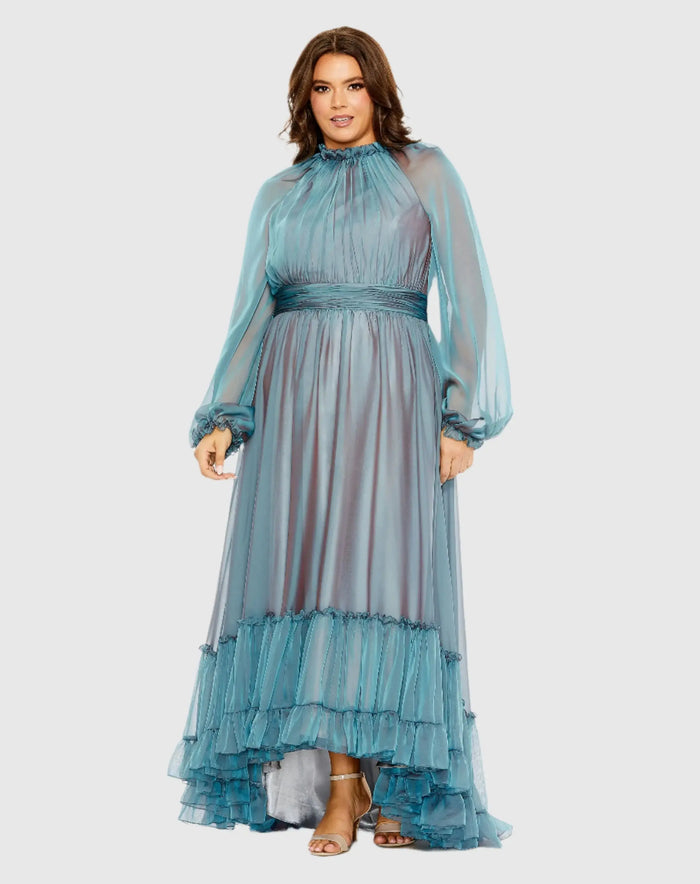 Puff Sleeve w/ Embellished Cuff Mock Neck A Line Gown