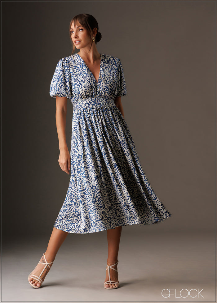 V neck puff sleeve blue printed satin midi dress