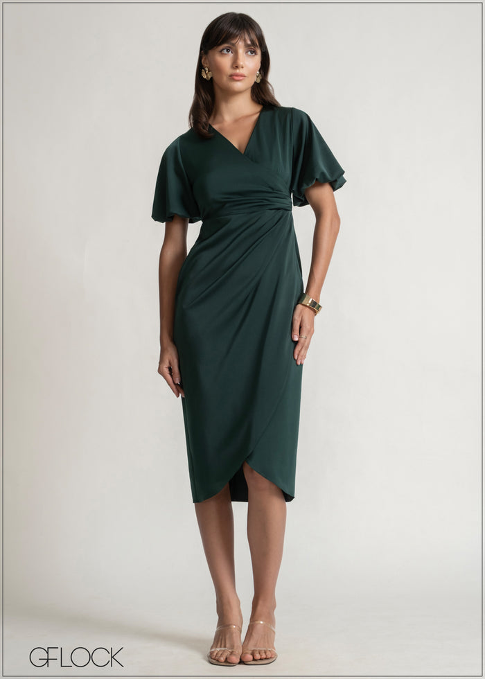 Puff Sleeved Wrapped Midi Dress - 150526