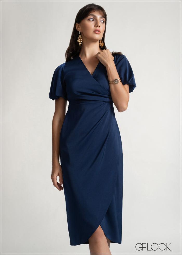 Puff Sleeved Wrapped Midi Dress - 150526