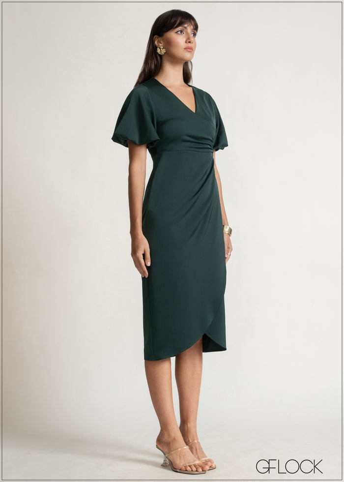 Puff Sleeved Wrapped Midi Dress - 150526