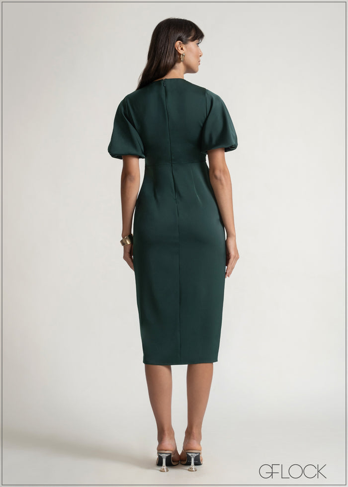 Puff Sleeved Wrapped Midi Dress - 150526