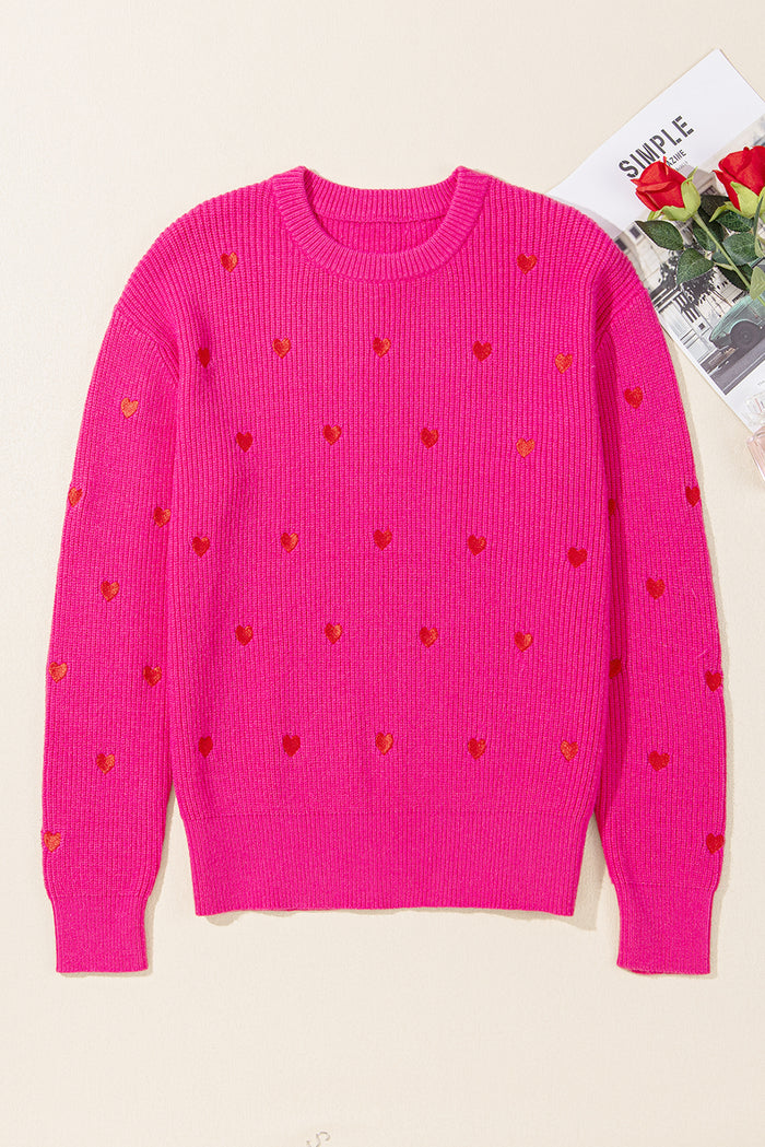 Pull à col rond et épaules tombantes en forme de cœur rose rouge