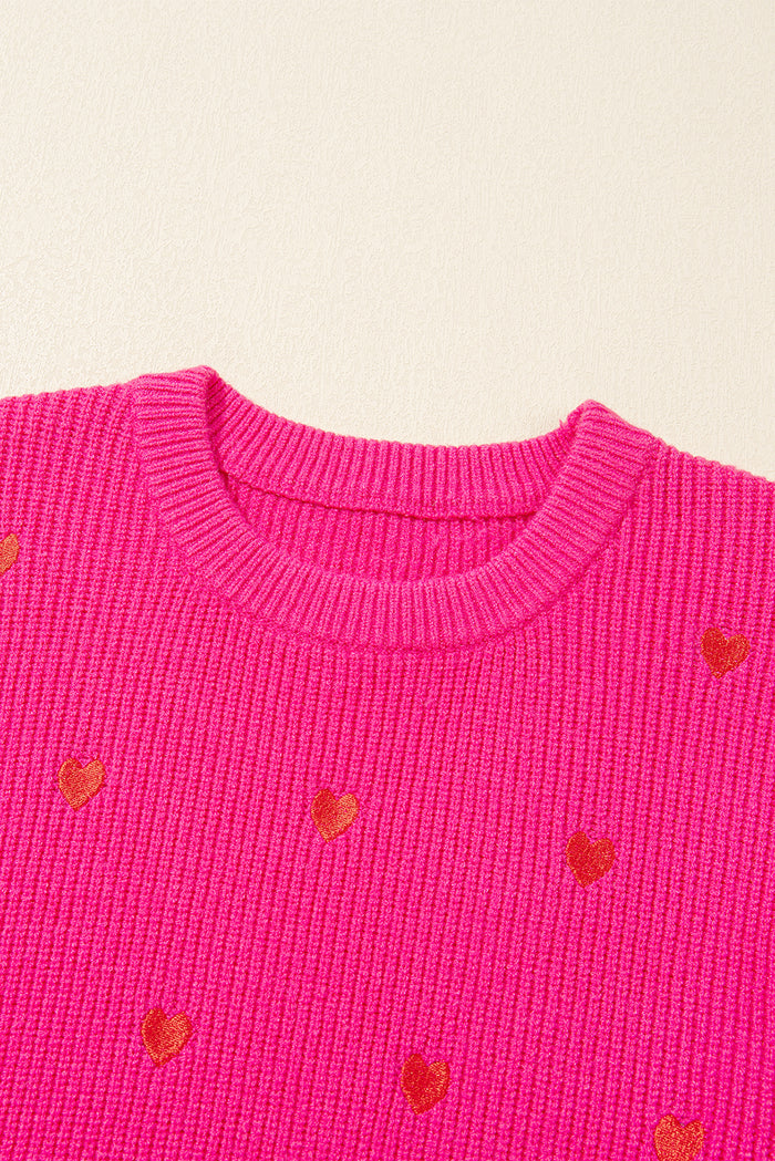 Pull à col rond et épaules tombantes en forme de cœur rose rouge