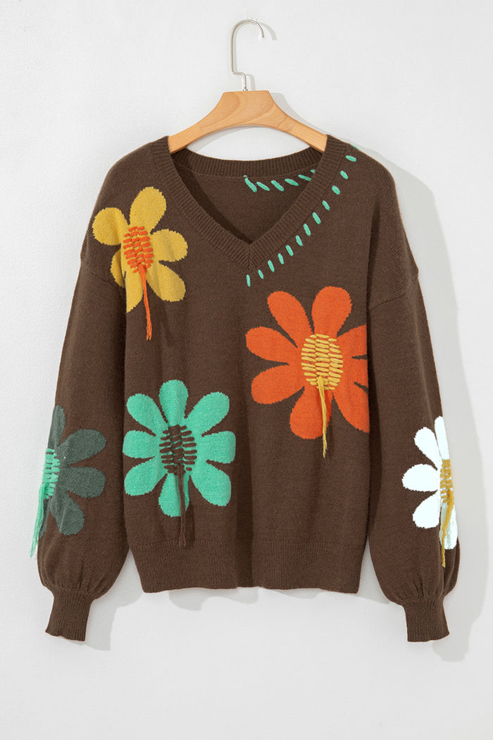 Pull à épaules tombantes et col en V à motif de grandes fleurs café
