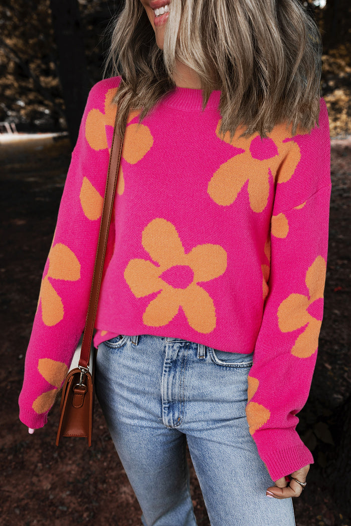 Pull à manches longues et col montant à motif de grandes fleurs roses