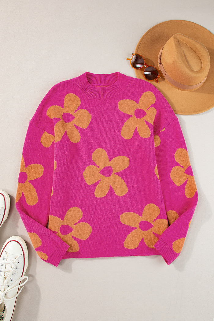 Pull à manches longues et col montant à motif de grandes fleurs roses