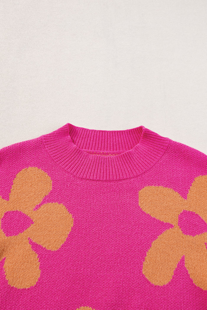 Pull à manches longues et col montant à motif de grandes fleurs roses