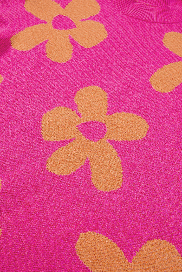 Pull à manches longues et col montant à motif de grandes fleurs roses